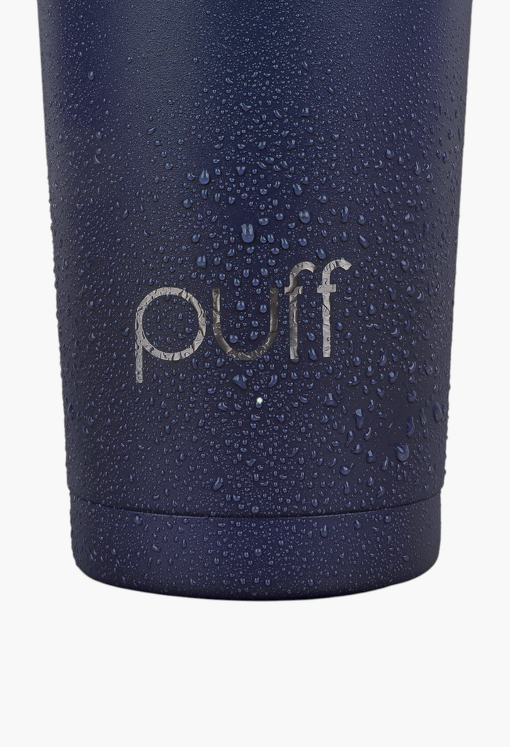 GLAM MODA matte navy blue stainless steel Puff Shaker bottle with water droplets on the exterior surface