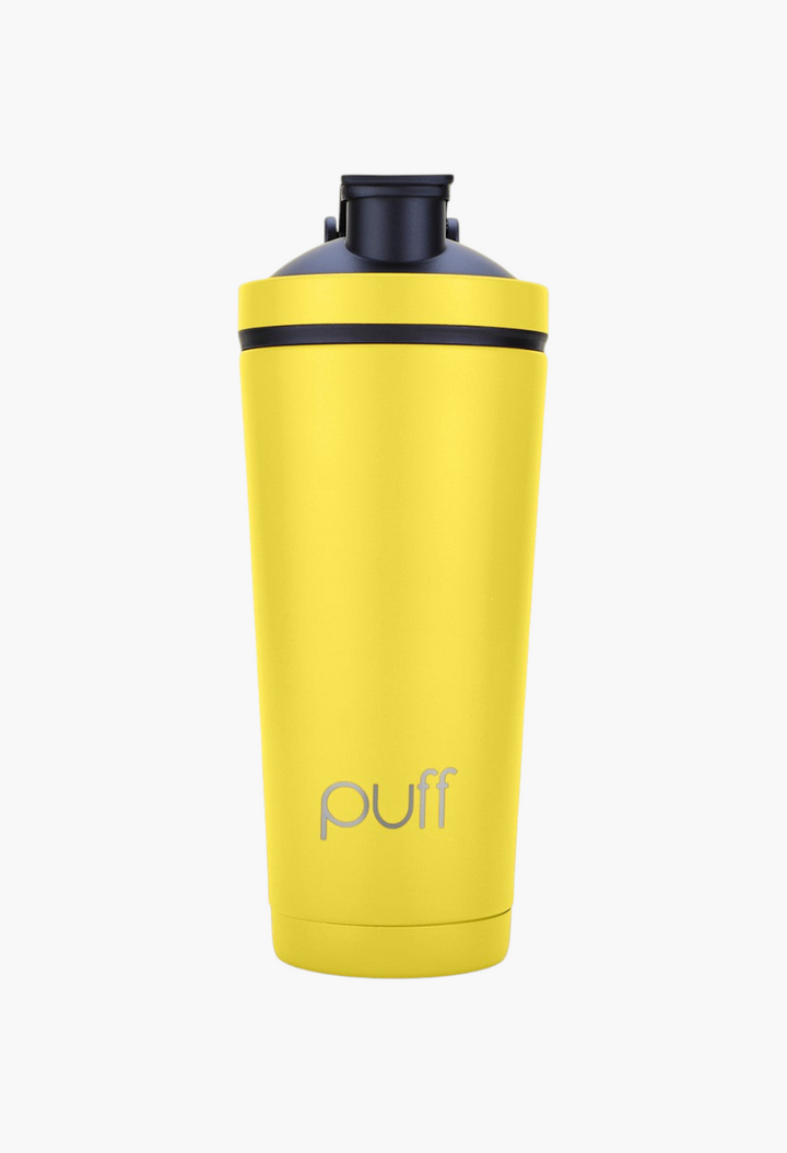 GLAM MODA yellow matte stainless steel shaker bottle with double-walled insulation and a black vacuum-seal cap.