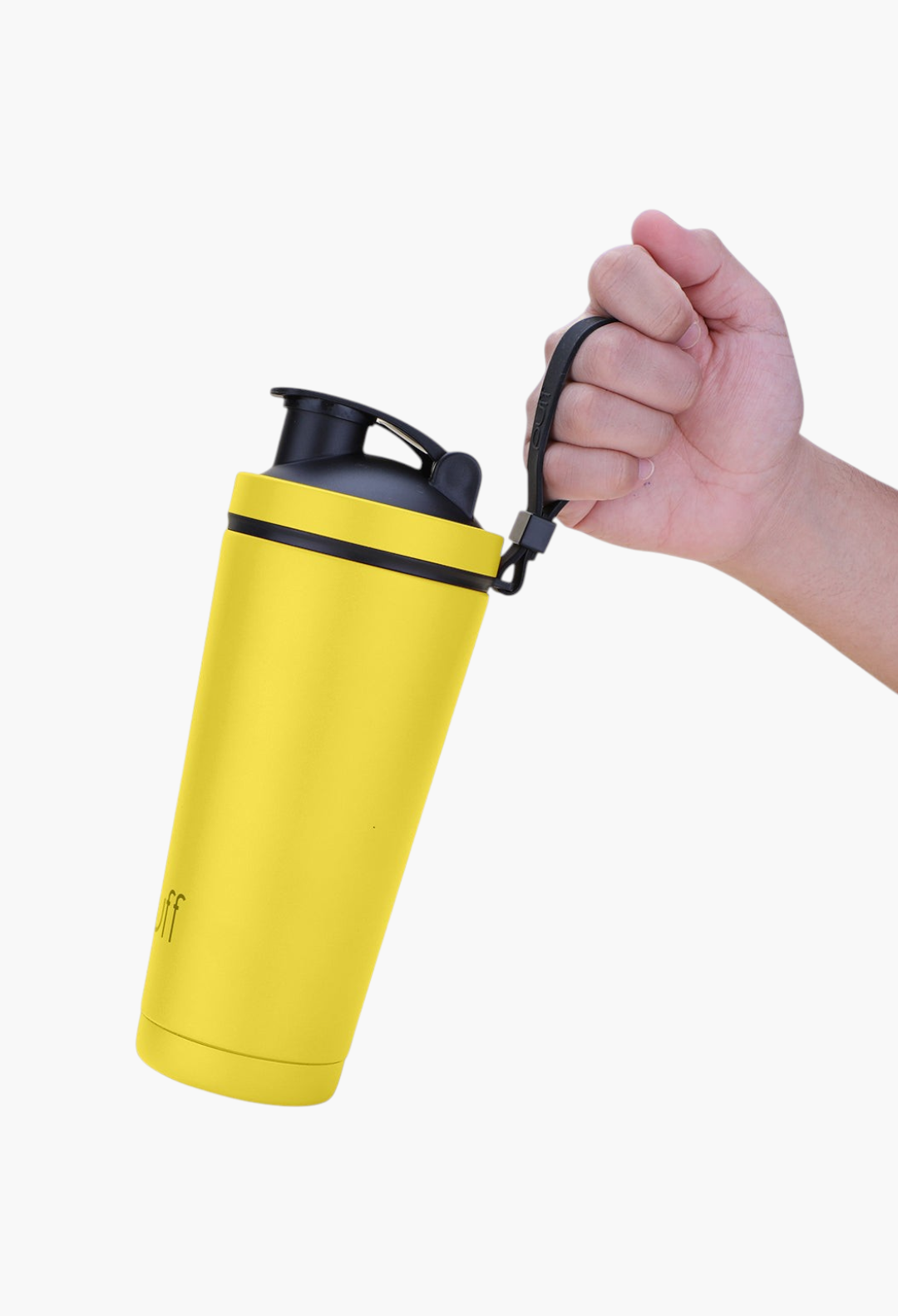 GLAM MODA yellow stainless steel insulated shaker bottle held by a hand against a light purple background