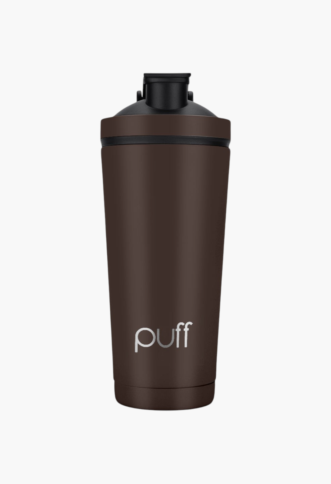 GLAM MODA Puff Shaker in matte brown stainless steel with a black vacuum-seal cap for cold drinks.