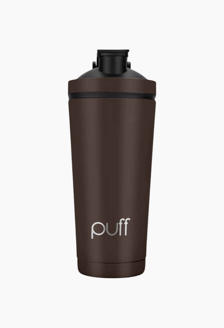 GLAM MODA Puff Shaker in matte brown stainless steel with a black vacuum-seal cap for cold drinks.