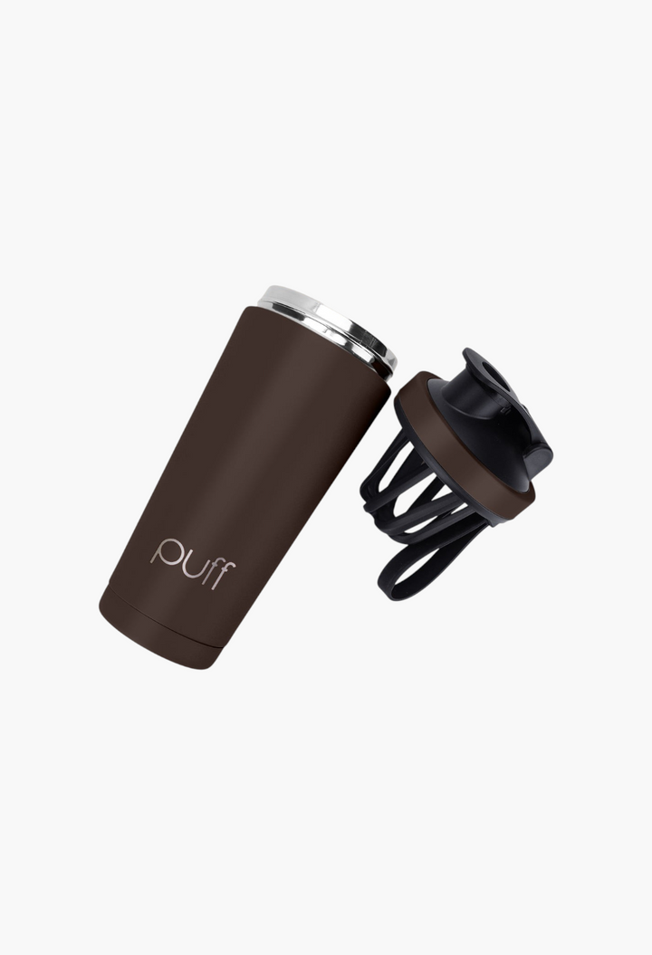 GLAM MODA Puff Shaker in matte brown stainless steel with a detachable black mixing whisk and vacuum-seal cap.