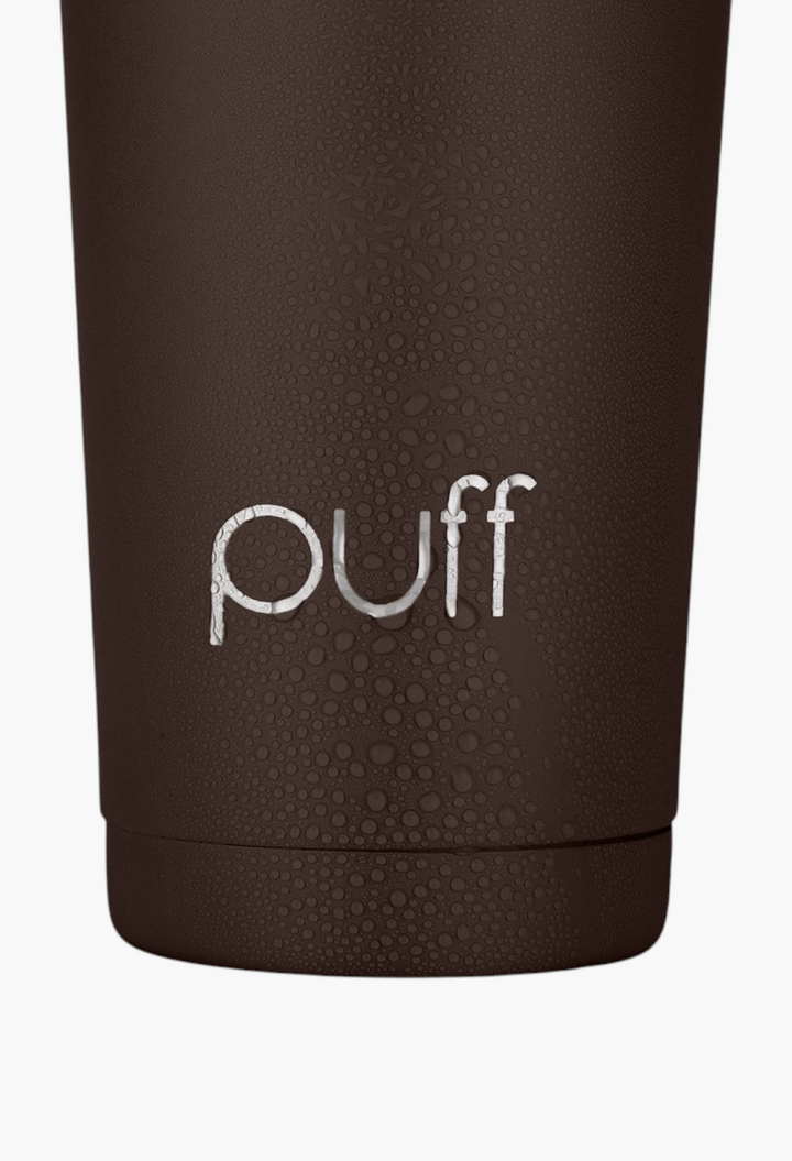 GLAM MODA Matte Shaker in dark brown stainless steel with condensation droplets and white puff logo branding