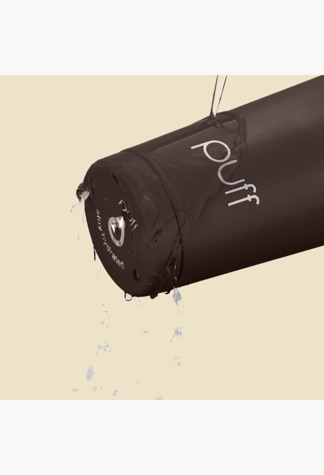 GLAM MODA matte brown stainless steel Puff Shaker bottle with water dripping from the cap