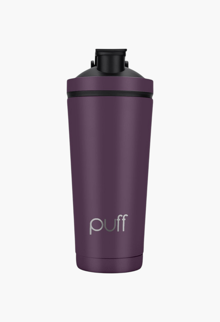 GLAM MODA matte purple stainless steel vacuum-insulated shaker bottle with a black leak-proof cap