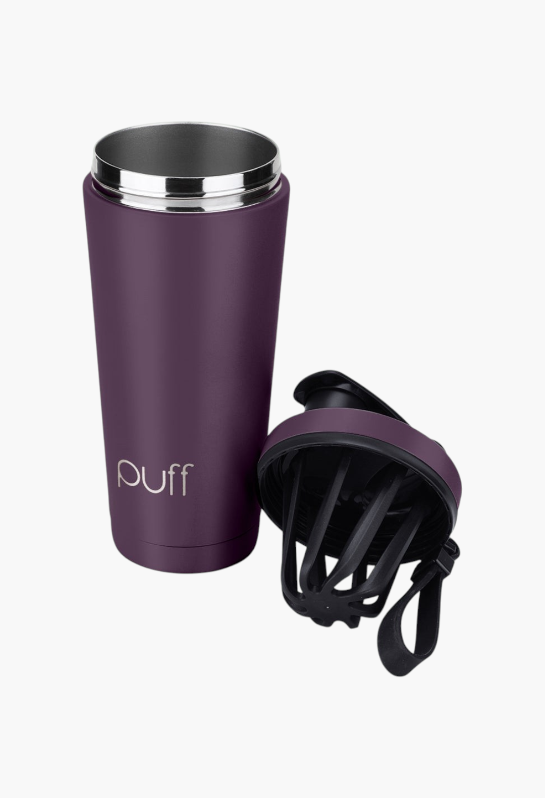 GLAM MODA Matte Shaker in deep purple stainless steel with a black detachable whisk lid for cold drinks.