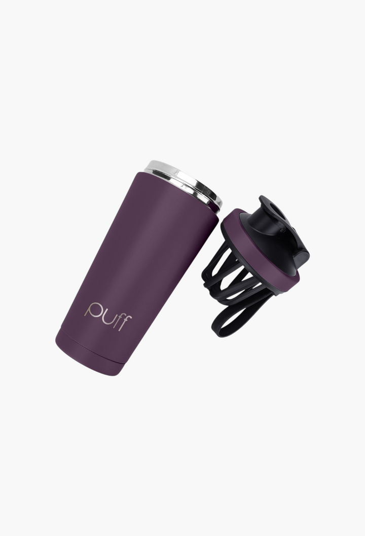 GLAM MODA matte purple stainless steel shaker bottle with a detachable black mixing whisk and vacuum-seal cap.
