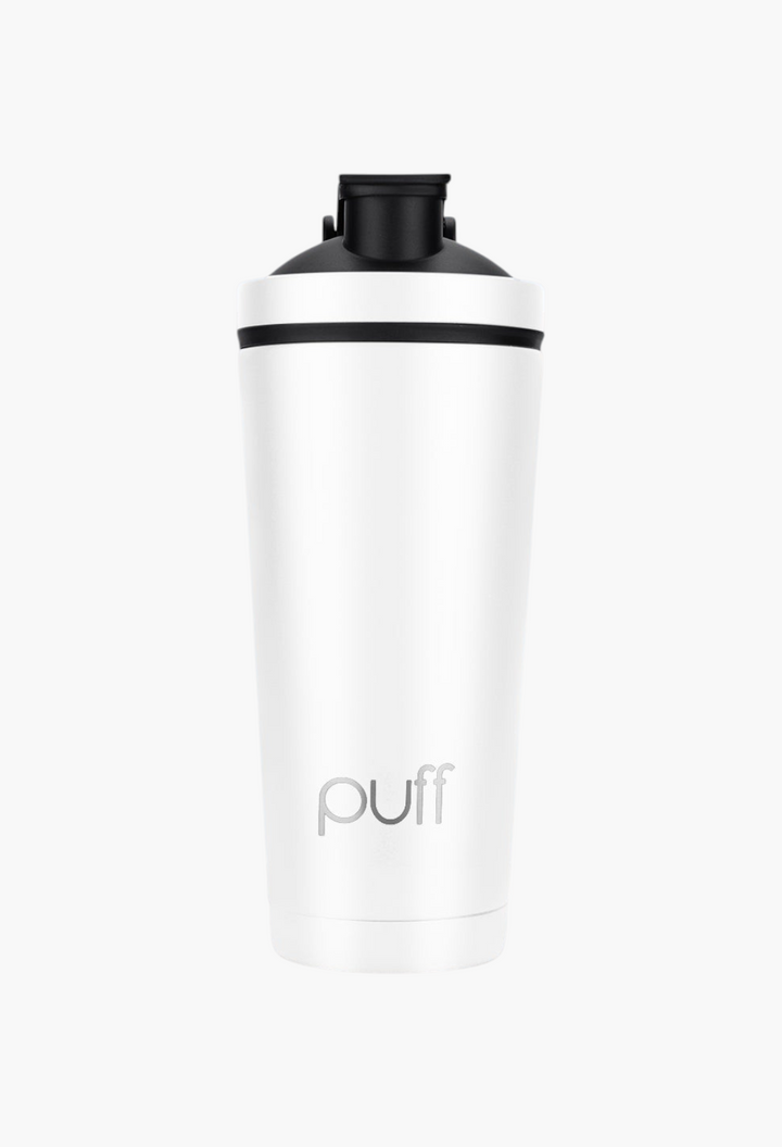 GLAM MODA Matte Shaker in white stainless steel with a black vacuum-seal lid for cold drinks