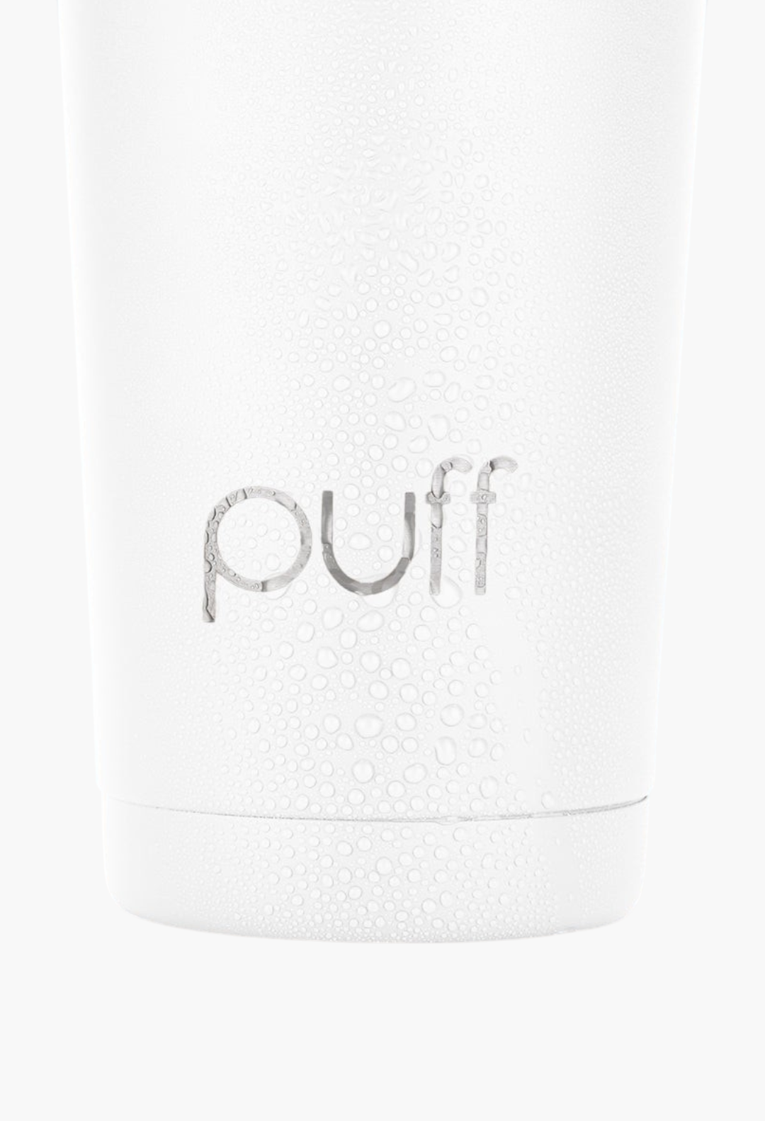 GLAM MODA white matte stainless steel Puff Shaker bottle with condensation droplets on the exterior surface