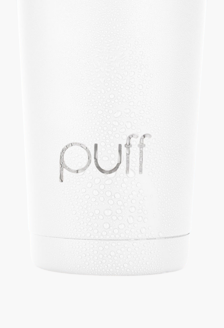 GLAM MODA white matte stainless steel Puff Shaker bottle with condensation droplets on the exterior surface