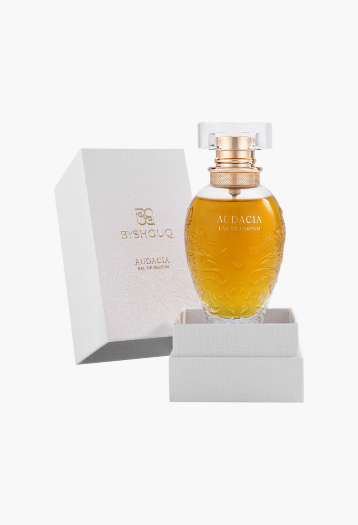 GLAM MODA Audacia woody eau de parfum in an ornate glass bottle with a gold cap and matching textured gift box