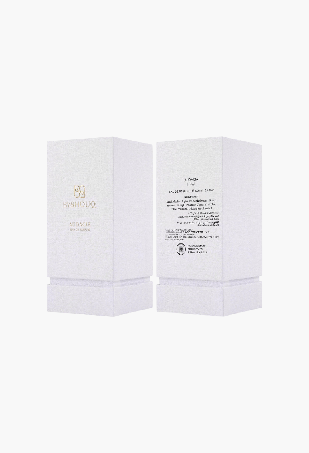 GLAM MODA Audacia Eau de Parfum white textured perfume box showing front and back packaging details