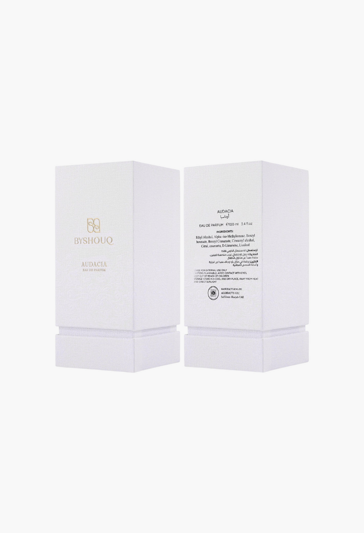 GLAM MODA Audacia Eau de Parfum white textured perfume box showing front and back packaging details