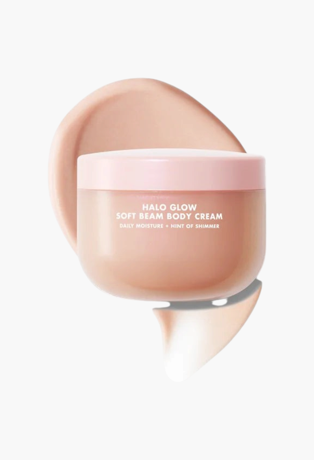 GLAM MODA Halo Glow Soft Beam Body Cream in a jar with a light pink lid and a swatch of shimmering beige cream