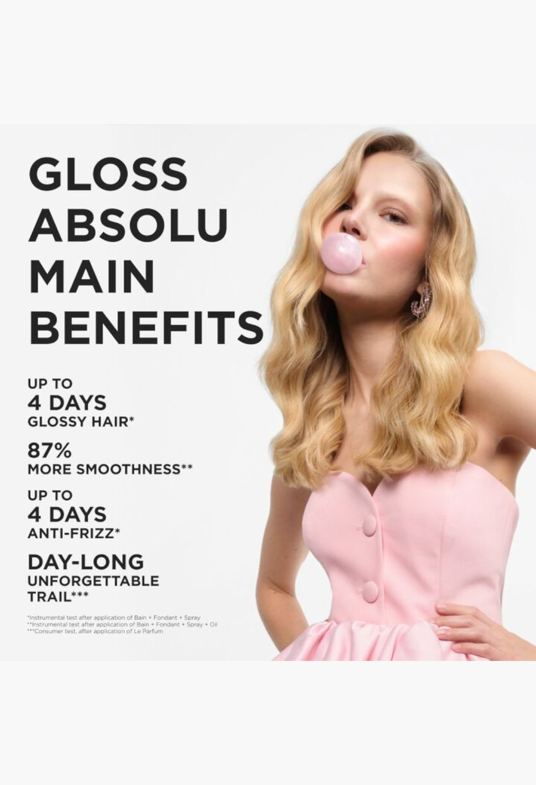 GLAM MODA Gloss Le Parfum hair perfume advertisement featuring a woman with wavy blonde hair blowing a pink bubble.