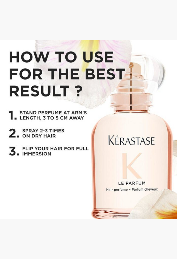 GLAM MODA Kérastase Le Parfum hair perfume bottle with usage instructions and floral accents