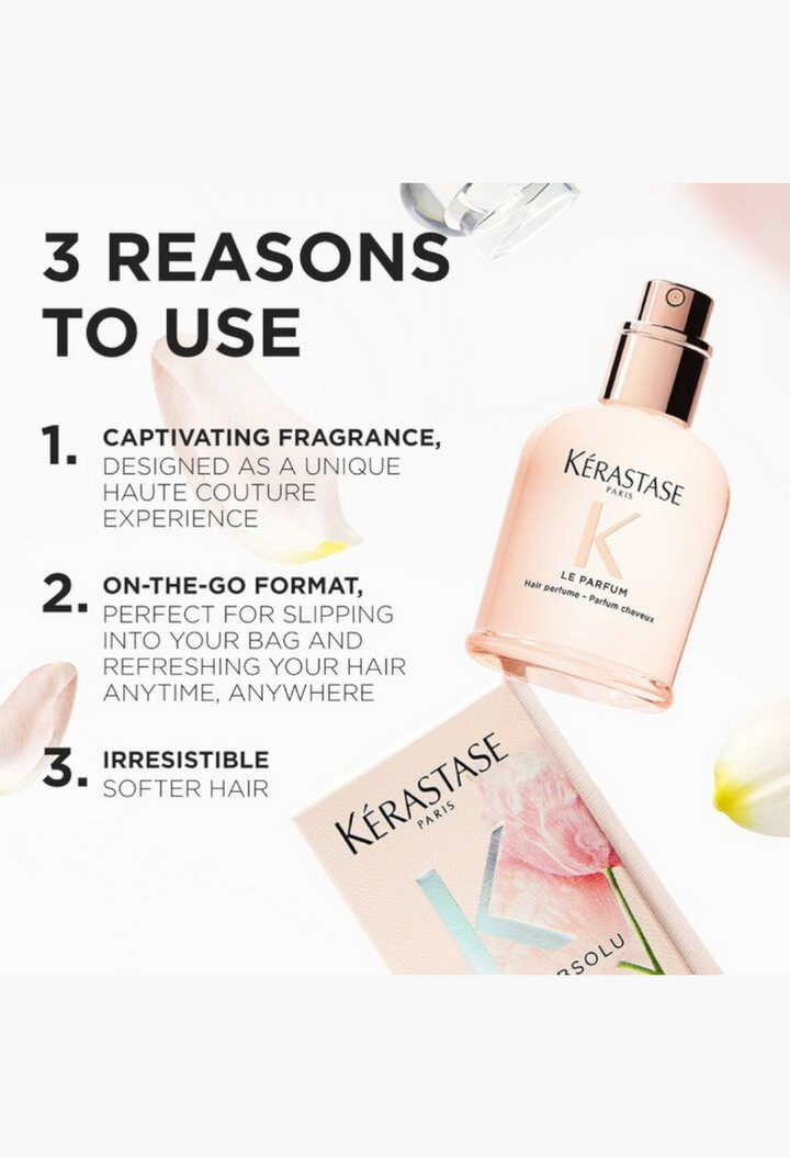 GLAM MODA Kérastase Le Parfum hair perfume bottle and packaging with floral design and benefits list