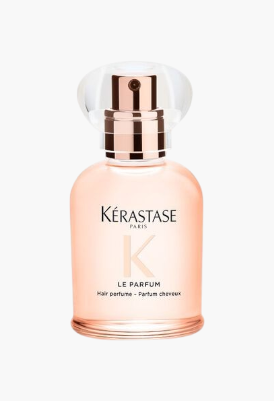 GLAM MODA Kérastase Le Parfum hair perfume in a light pink glass bottle with a clear cap for soft, fragrant hair.