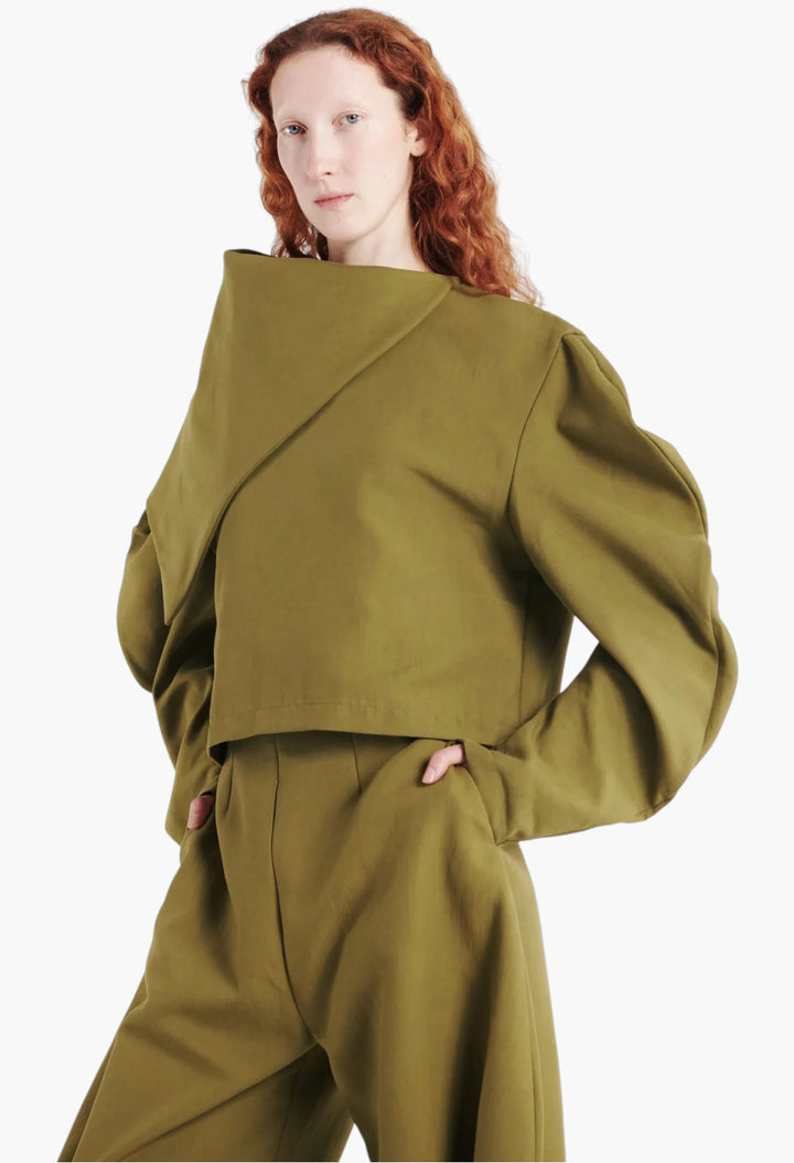 Draped Collar Top Khaki Green