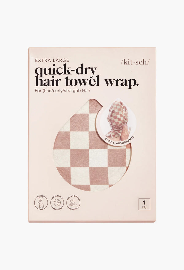 Extra Large Quick-Dry Hair Towel Wrap - Terracotta Checker