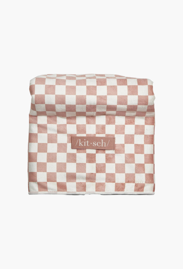 Extra Large Quick-Dry Hair Towel Wrap - Terracotta Checker