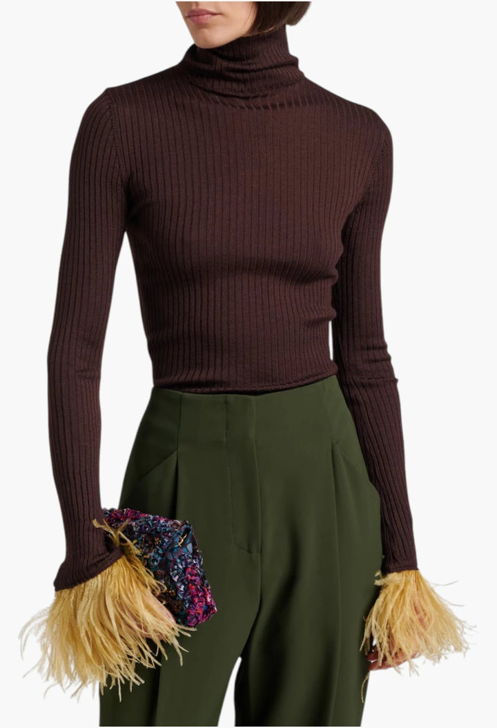 Feather-trimmed cashmere and silk top