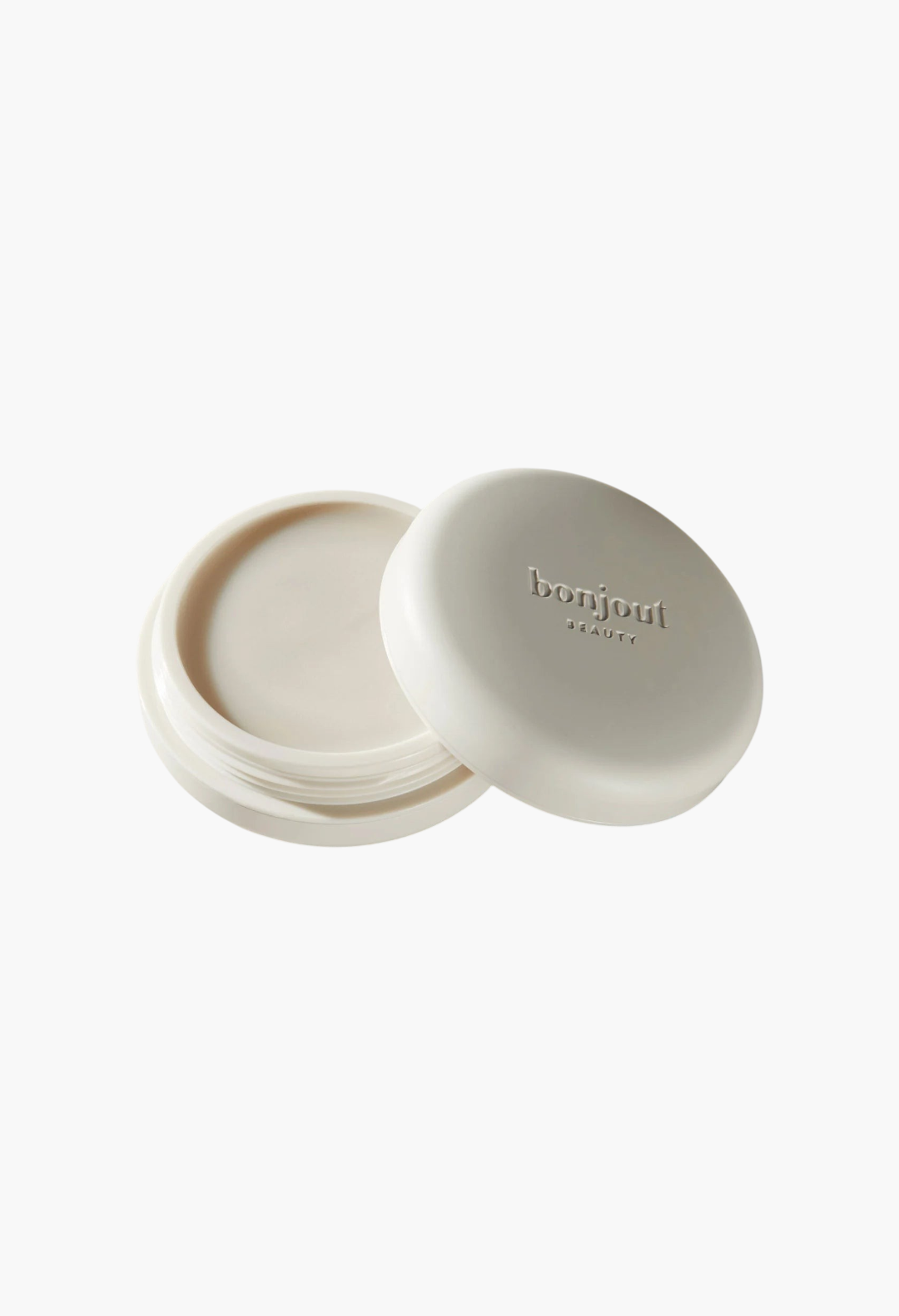 GLAM MODA Le Balm unscented solid serum in a white jar with lid, featuring natural skincare certification icons.