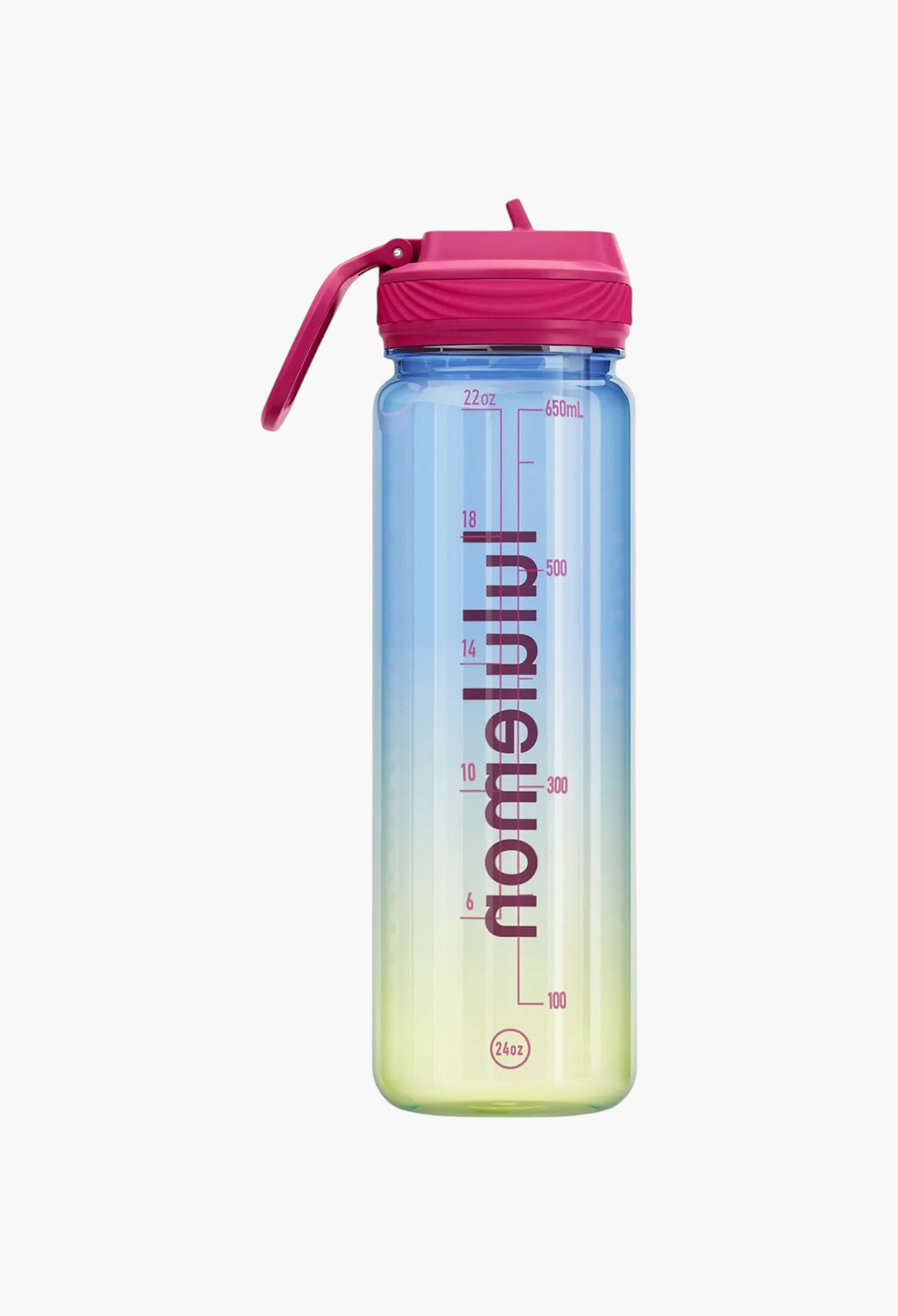 GLAM MODA 24oz clear Tritan water bottle with a pink straw lid, featuring a blue-to-yellow gradient design.