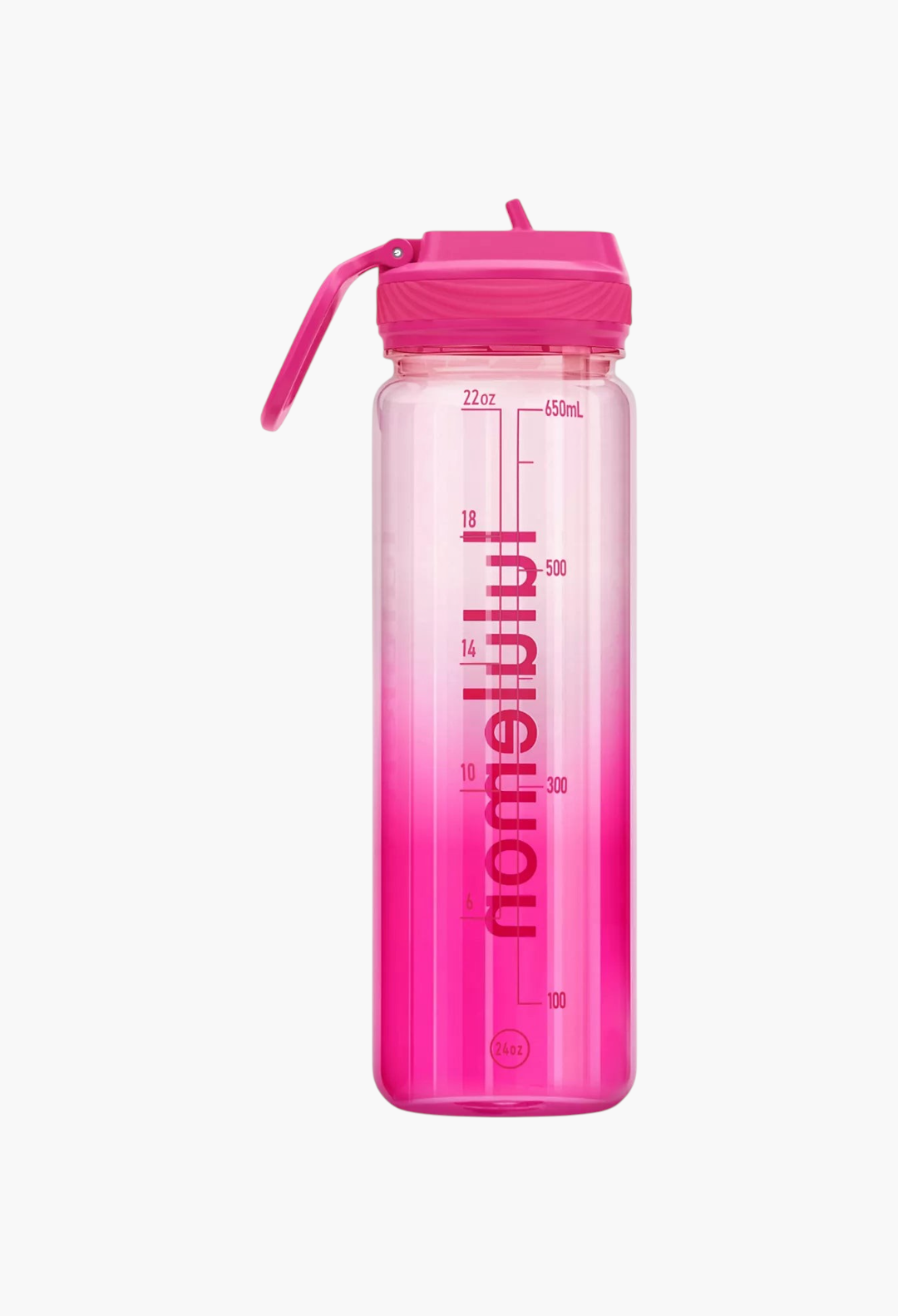 GLAM MODA 24oz clear pink water bottle with a straw lid, featuring hydration tracking markings on the side.