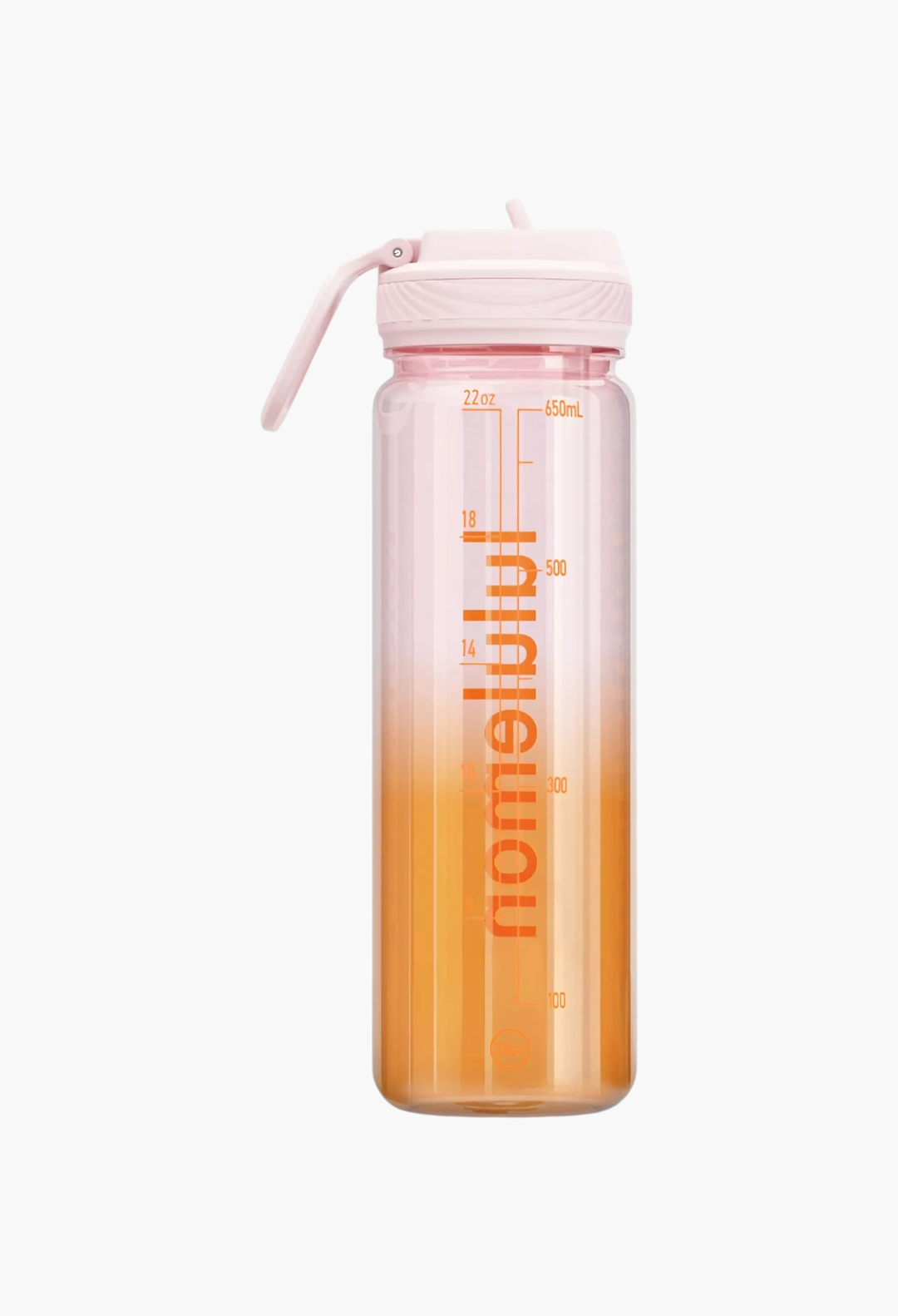 GLAM MODA 24oz clear Tritan water bottle with a pink straw lid, featuring an orange gradient and hydration markings.