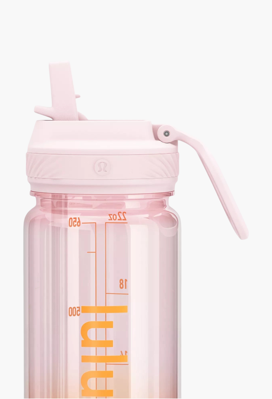 GLAM MODA Back to Life clear light pink water bottle with a leakproof straw lid and volume measurement markings.