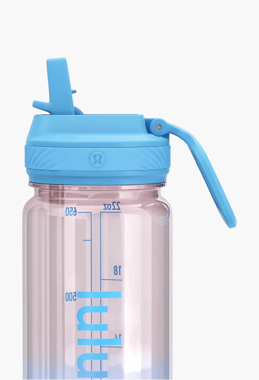 GLAM MODA Back to Life clear 24oz water bottle with a blue leakproof straw lid and volume measurement markings.