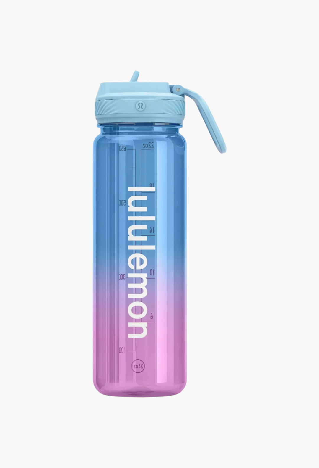 GLAM MODA 24oz clear Tritan water bottle with a blue-to-pink gradient, straw lid, and vertical logo branding.