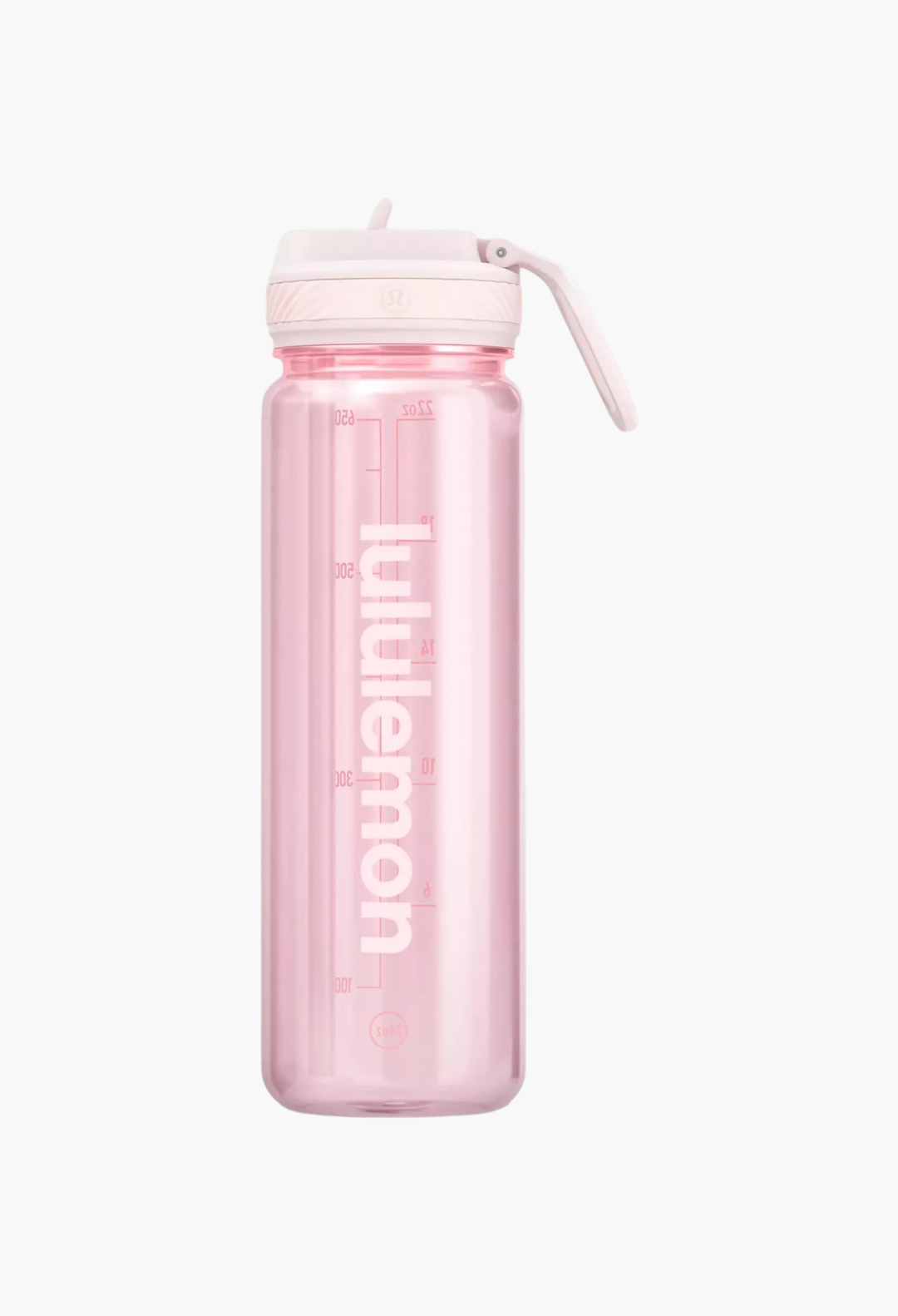 GLAM MODA 24oz clear pink water bottle with a leakproof straw lid and measurement markings for hydration tracking.