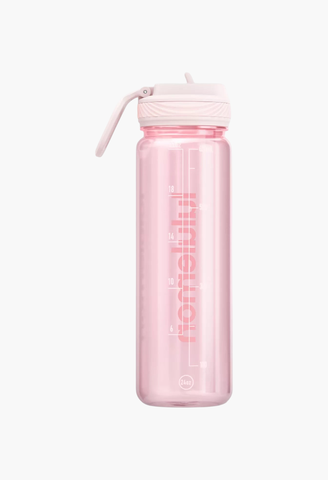 GLAM MODA 24oz clear pink Tritan water bottle with a leakproof straw lid and volume measurement markings.
