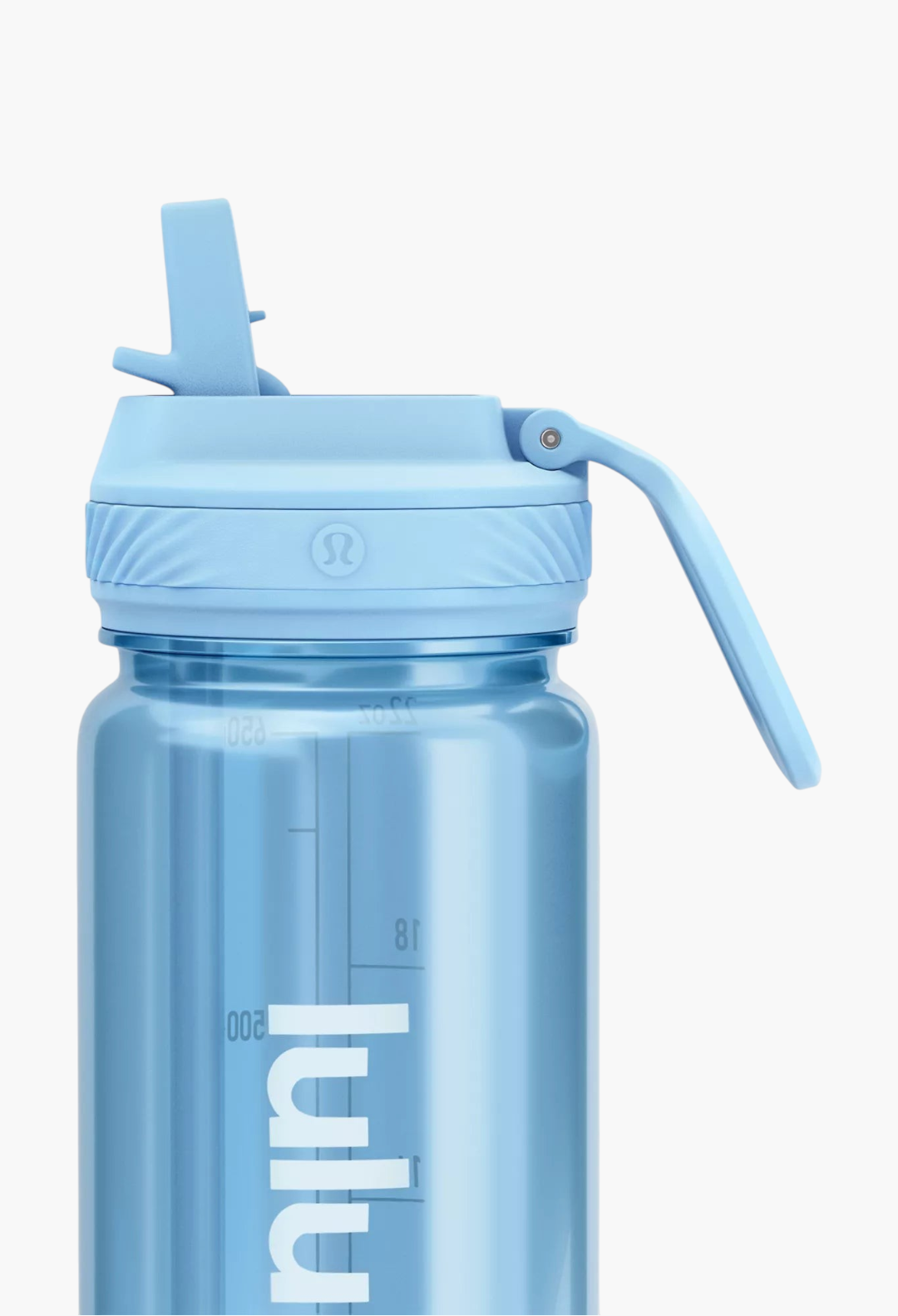 GLAM MODA 24oz clear blue water bottle with a leakproof folding straw lid and volume markings.