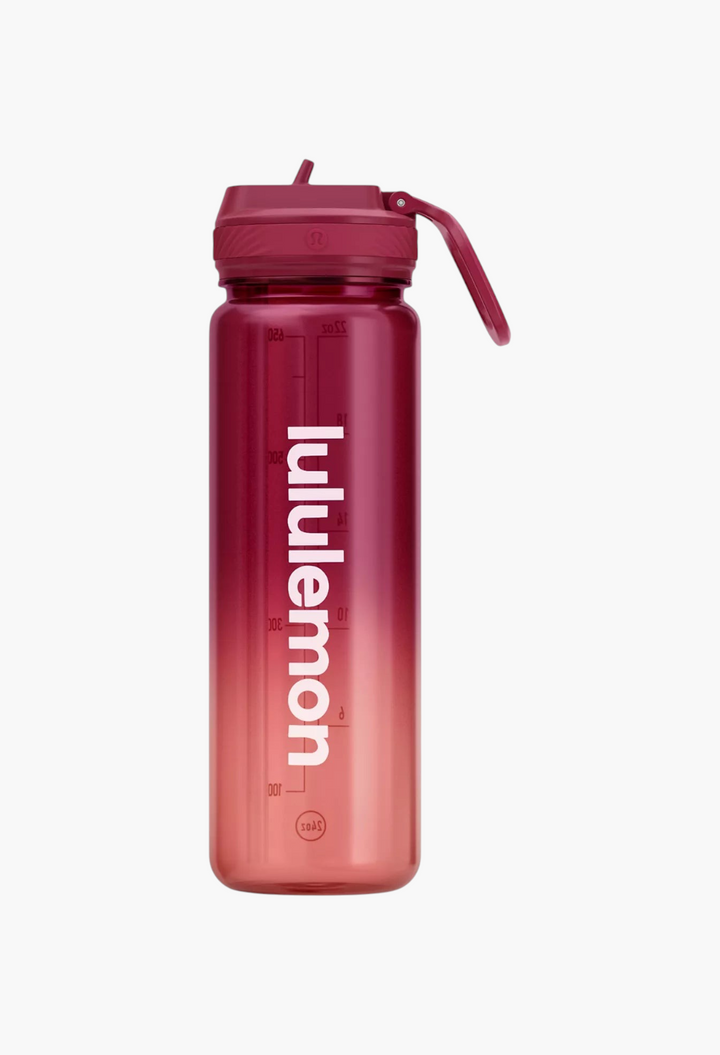 GLAM MODA Back to Life 24oz water bottle in a dark red to light pink ombre finish with a leakproof straw lid.