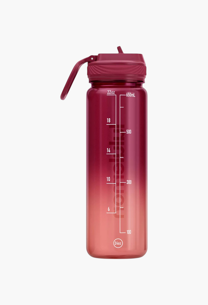 GLAM MODA 24oz clear Tritan water bottle in a burgundy to pink gradient with a leakproof folding straw lid.