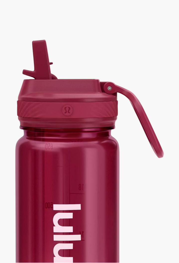 GLAM MODA Back to Life clear dark red water bottle with a leakproof straw lid and convenient carry handle.