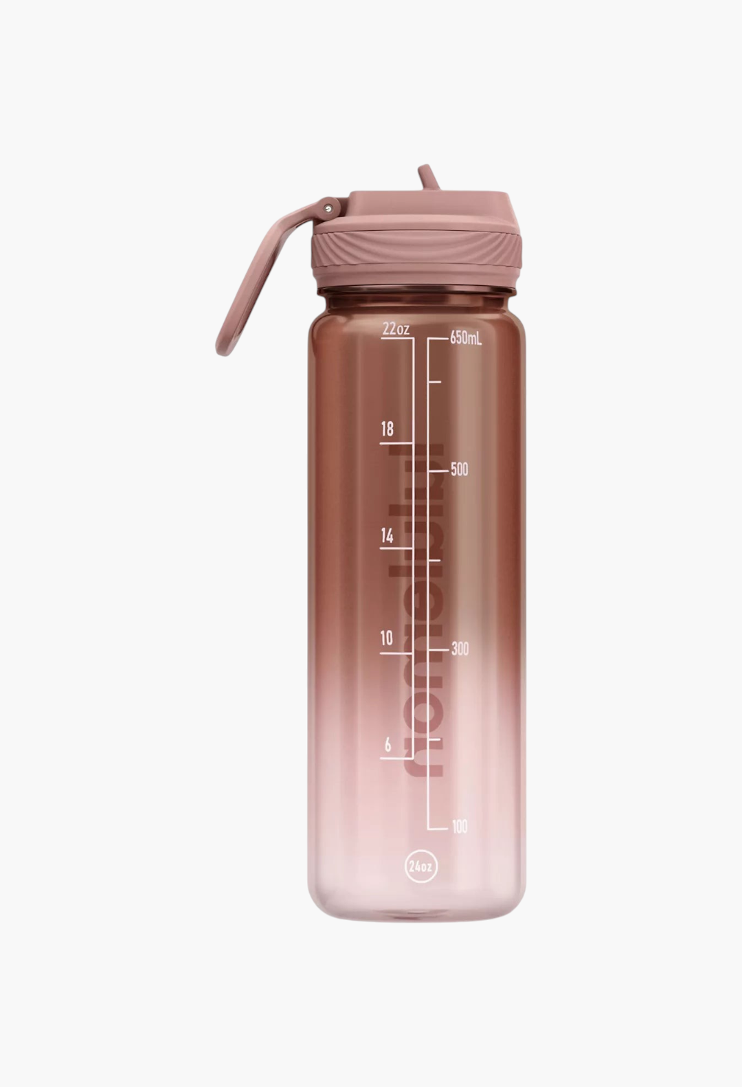 GLAM MODA 24oz clear Tritan water bottle in dusty rose with a leakproof straw lid and hydration measurement markings.