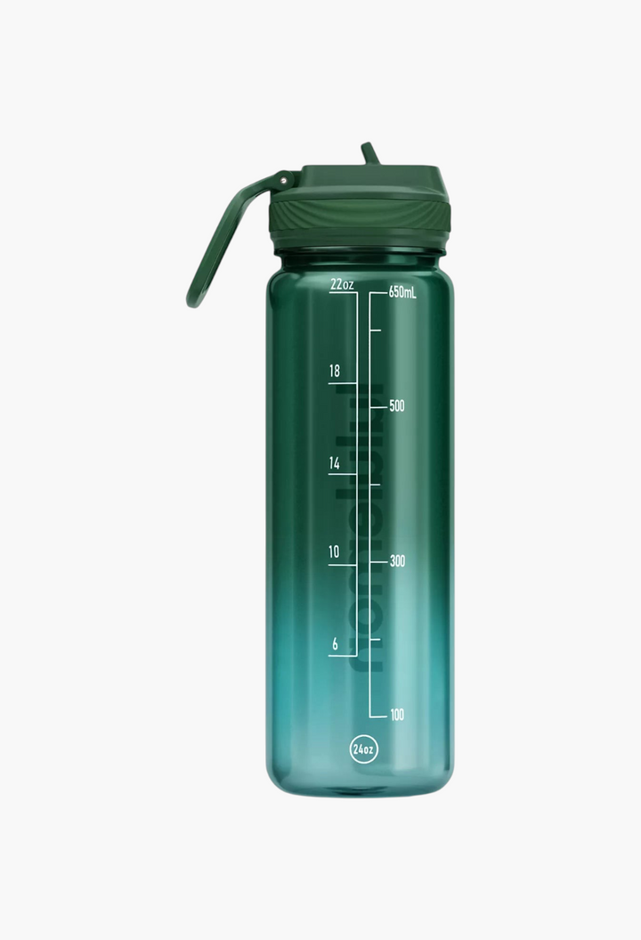 GLAM MODA 24oz clear green water bottle with a leakproof straw lid and hydration measurement markings.
