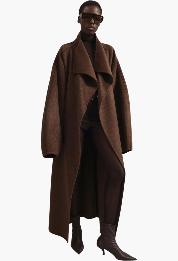 Leroy Funnel Neck Wool Coat - Brown Melange - GLAM MODA