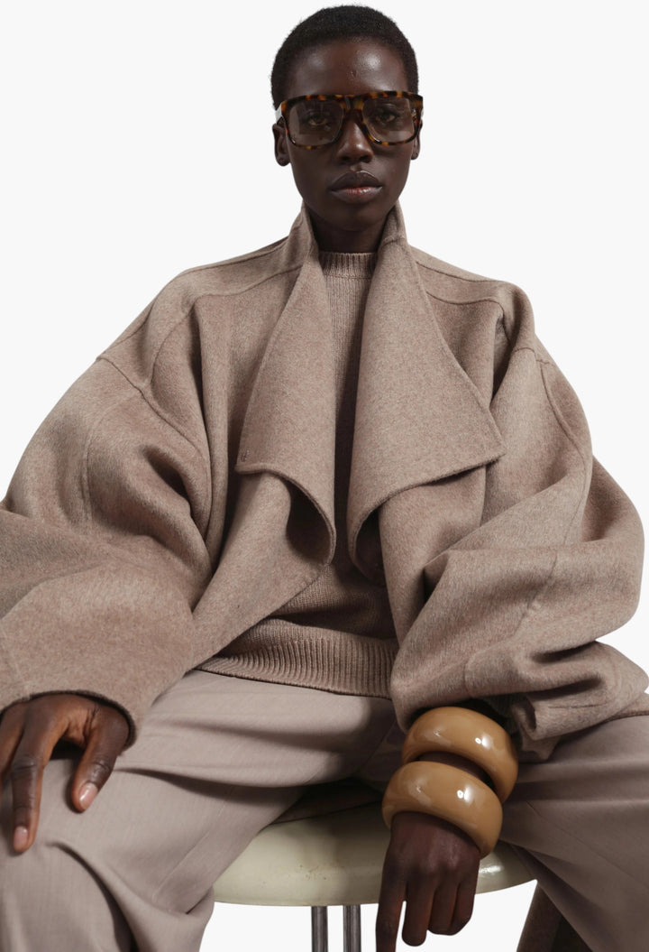 Leroy Funnel Neck Wool Coat - Taupe Melange - GLAM MODA