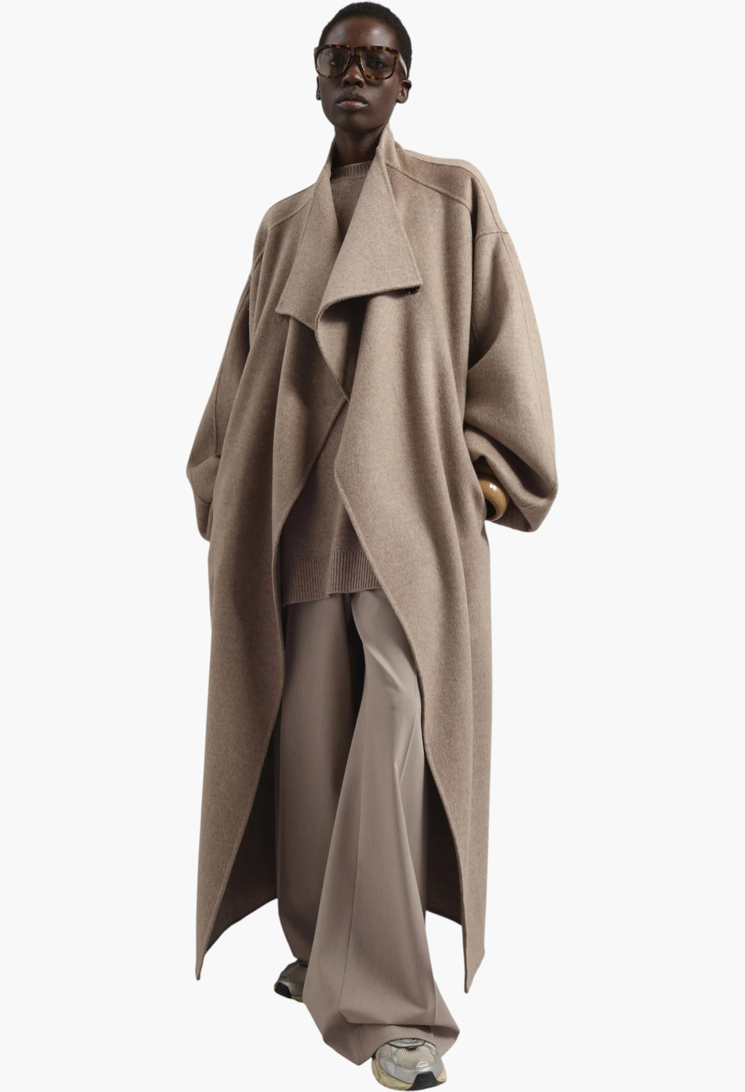 Leroy Funnel Neck Wool Coat - Taupe Melange - GLAM MODA