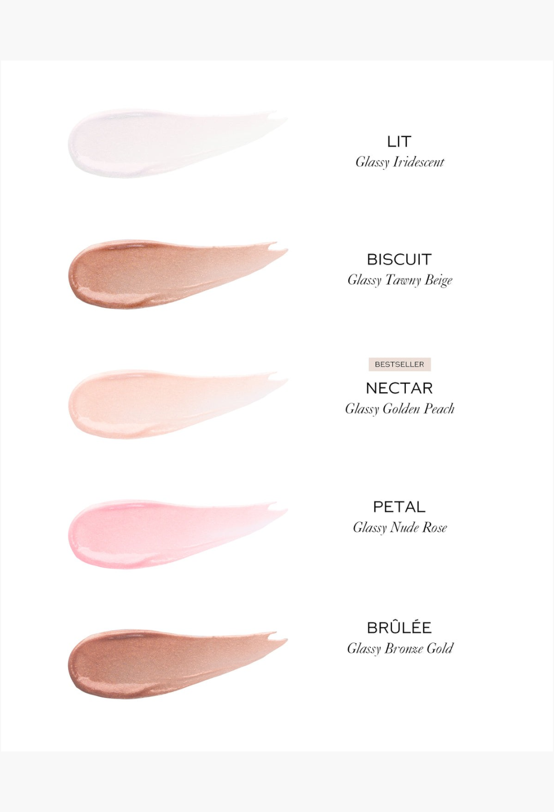 GLAM MODA Lit Up Highlight Stick swatches in Lit, Biscuit, Nectar, Petal, and Brûlée shades with a glassy finish.