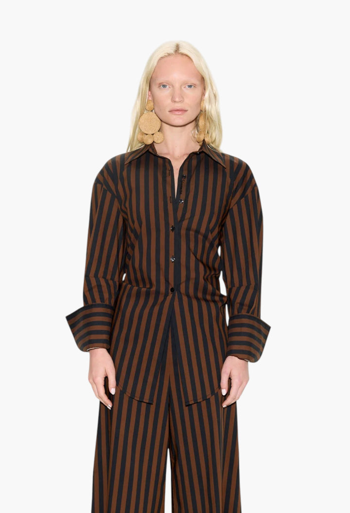 Loch Poplin Button Up - Black/Choco Brown Stripe - GLAM MODA