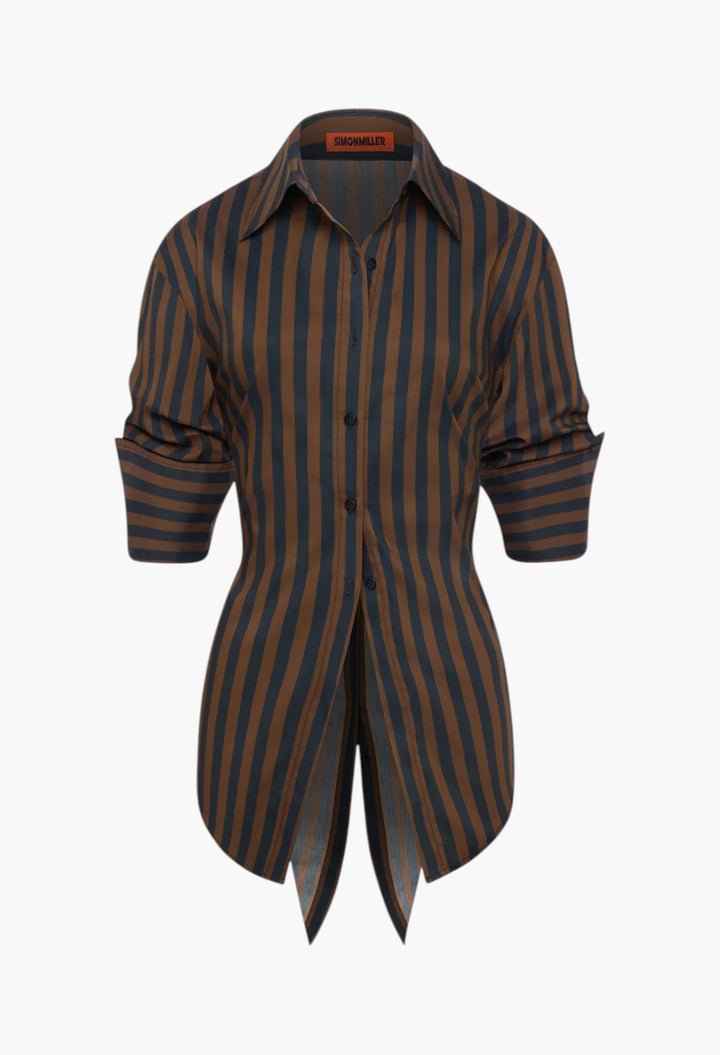 Loch Poplin Button Up - Black/Choco Brown Stripe - GLAM MODA