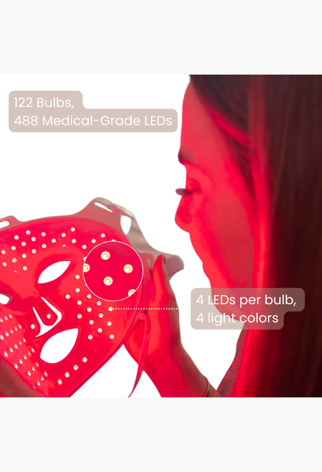 GLAM MODA Lumnae LED face mask featuring 488 medical-grade lights in red therapy mode for skin rejuvenation