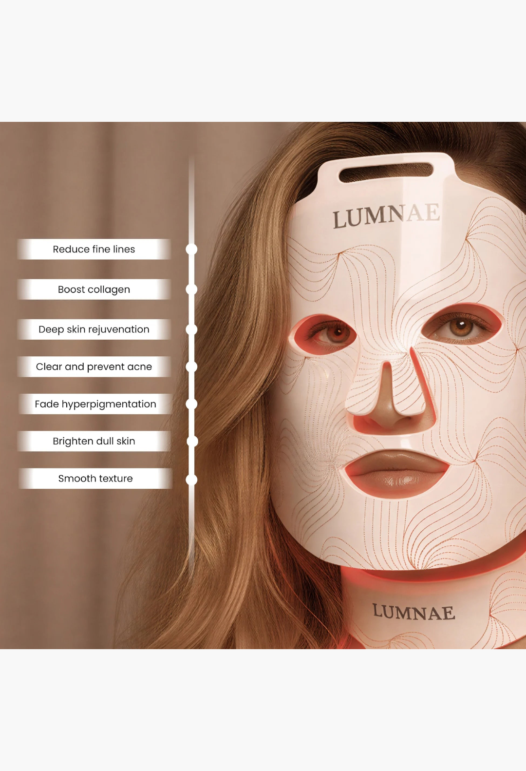 GLAM MODA Lumnae LED light therapy mask on a woman, showing skin benefits like collagen boost and acne reduction.