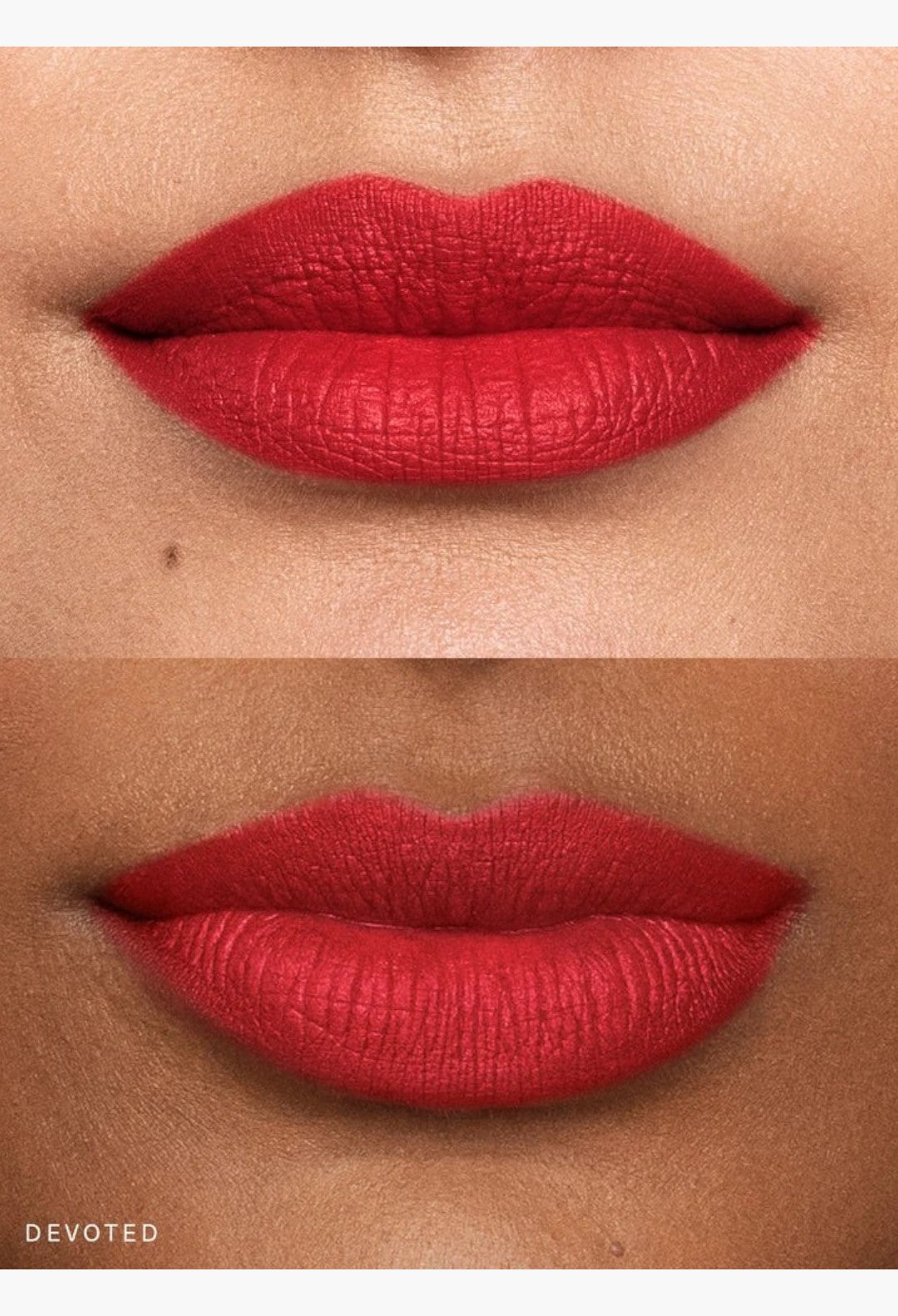 GLAM MODA Kind Words Matte Lip Liner in Devoted, a true red shade, applied on lips for a soft matte finish.